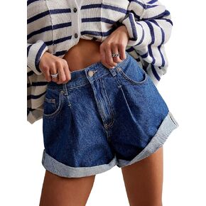 Womens Jean Shorts, Stretchy Denim Shorts with Pockets Elastic Waisted Relaxed Fit