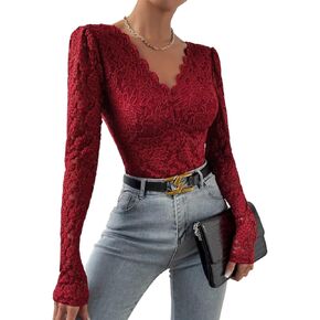 Women's Long Sleeve Lace Bodysuit Sheer V-Back Sexy V Neck Slim Fit Going Out Top Double Lined Thong Body Suit