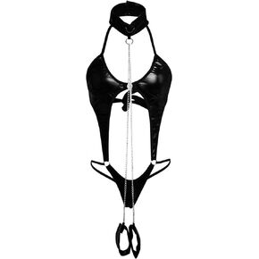 Women's Sexy Wetlook Patent Leather Sexy Underwear Bodysuit Adjustable Back Strap Bodysuits with Handcuffs