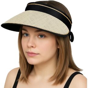 Women Sun Hat Ponytail Straw Beach UPF Protection Packable Visor for Summer