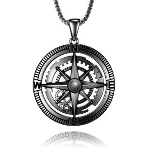 Compass Necklace 925 Sterling Silver Black Gold Compass Necklace for Men Vintage Gear Compass Jewelry Gifts for Men Father Husband Boyfriend