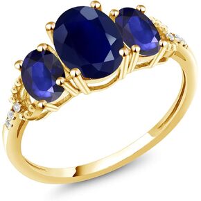 Gem Stone King 5.49 Cttw 10K Yellow Gold Blue Sapphire and White Diamond Accent 3-Stone Engagement Ring | Oval 8X6MM and 6X4MM | 3 Stone Wedding Anniversary Promise Ring For Women