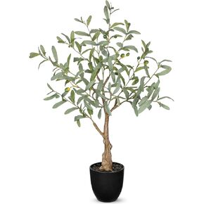 Briful Small Faux Olive Tree 18.9" Artificial Olive Plant with Black Pot Decorative Fake Olive Tree for Home Office Bathroom Table Farmhouse Décor