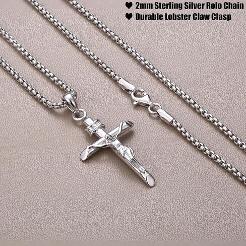 Milacolato 925 Sterling Silver Crucifix Netlace for Men Women ، سلسلة رولو الفضة الإسترليني 2 مم مع قلادة صليب صغيرة أو كبيرة ، قلادة الصلبان الصلبان in Kuwait