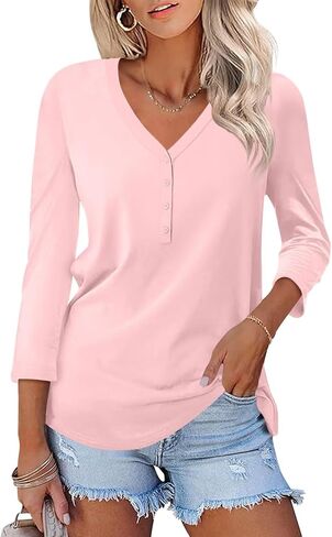 Women's V Neck 3/4 Sleeve Tops Solid Shirts Casual Summer Tees in Saudi Arabia