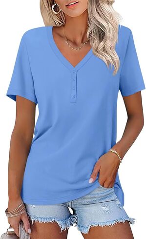 Women's V Neck 3/4 Sleeve Tops Solid Shirts Casual Summer Tees in Saudi Arabia