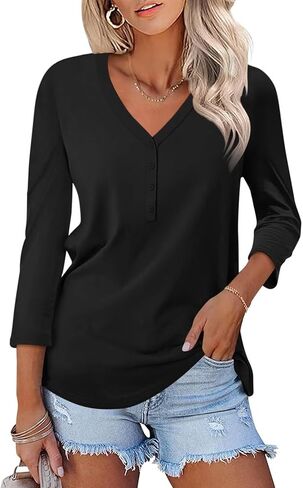 Women's V Neck 3/4 Sleeve Tops Solid Shirts Casual Summer Tees in Saudi Arabia