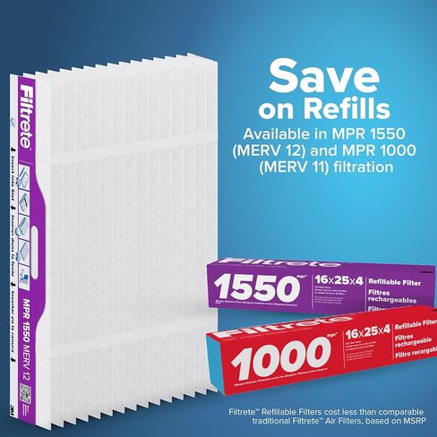 Filtrete 16x25x4 استبدال مرشح الهواء القابل لإعادة التعبئة ، MPR 1550 ، MERV 12 ، بكتيريا مسببة للحساسية والفيروس ، 2 حزمة ، والاستخدام مع إطار مرشح الهواء القابل لإعادة الاستخدام لمجموعة مرشح الهواء القابلة لإعادة ملء الفيليترت ، ل HVAC ، الفرن ، الفرن in Kuwait