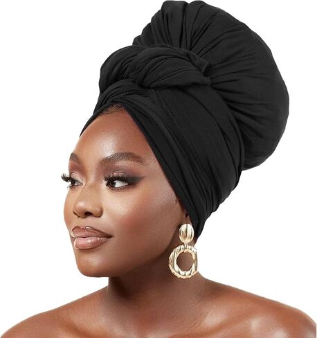 WOVOWOVO Head Wraps for Black Women Stretch Head Scarf Long African Hair Wraps, Black in Saudi Arabia