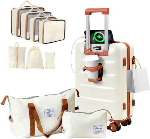 20" Suitcase Set 10 Pcs, Airline Certified Luggage, Carry-on Luggage with Cup Holder and USB Port, Suitable for Business, Traveling (Luggage + 2 Travel Bags, 7 Organizer Bags, White) in Saudi Arabia
