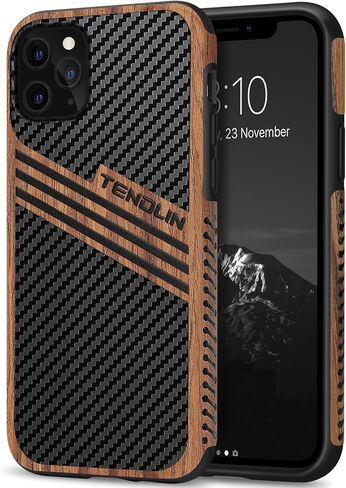 TENDLIN Compatible with iPhone 11 Case Wood Grain with Carbon Fiber Texture Design Leather Hybrid Case in Saudi Arabia