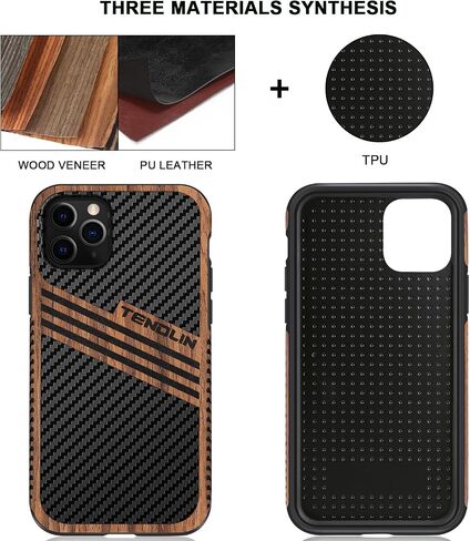 TENDLIN Compatible with iPhone 11 Case Wood Grain with Carbon Fiber Texture Design Leather Hybrid Case in Saudi Arabia
