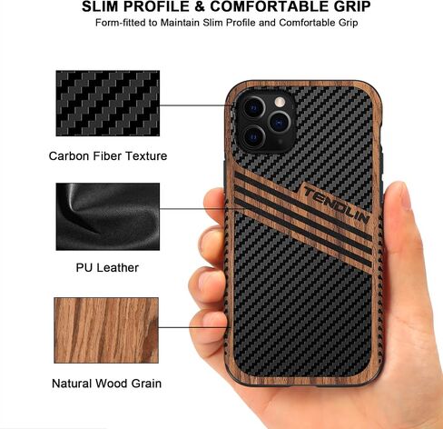 TENDLIN Compatible with iPhone 11 Case Wood Grain with Carbon Fiber Texture Design Leather Hybrid Case in Saudi Arabia
