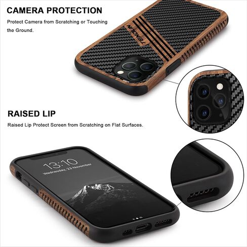 TENDLIN Compatible with iPhone 11 Case Wood Grain with Carbon Fiber Texture Design Leather Hybrid Case in Saudi Arabia