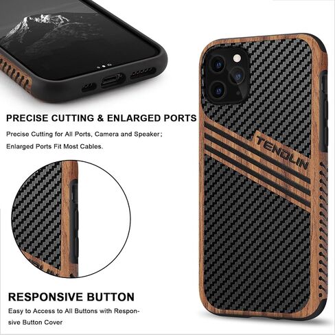 TENDLIN Compatible with iPhone 11 Case Wood Grain with Carbon Fiber Texture Design Leather Hybrid Case in Saudi Arabia