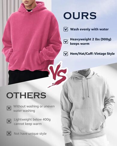 MY'S Mens Oversized Acid Wash Hoodie, Heavyweight Vintage Pullover, Fleece Cotton Sweatshirt for Couples, Unisex Streetwear in Kuwait