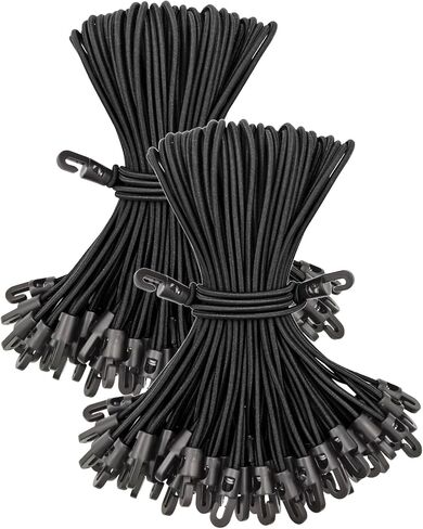 Small Black Bungee Cords with Hooks, 25 Pcs, 10 Inch, Latex Rubber, Heavy Duty, Sunproof, Waterproof, Elastic, Suitable for Tarpaulins, Tents, Canopy and Fixings in Saudi Arabia