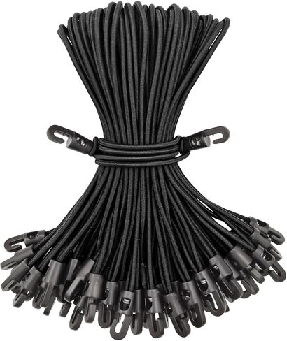 Small Black Bungee Cords with Hooks, 25 Pcs, 10 Inch, Latex Rubber, Heavy Duty, Sunproof, Waterproof, Elastic, Suitable for Tarpaulins, Tents, Canopy and Fixings in Saudi Arabia