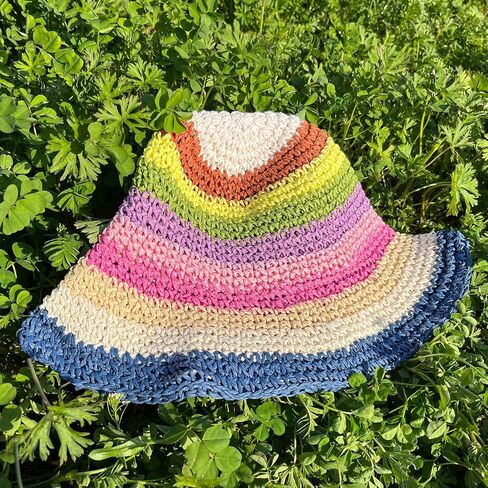 Straw Bucket Hats for Women Beach Hats for Women Packable Summer Rainbow Hat Travel Handmade Sun Hats in Saudi Arabia