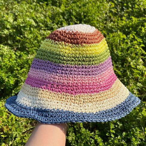 Straw Bucket Hats for Women Beach Hats for Women Packable Summer Rainbow Hat Travel Handmade Sun Hats in Saudi Arabia
