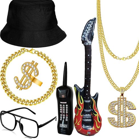 80s 90s Hip Hop Costume Outfit Kit for Men Women, Rapper Fake Gold Dollar Sign Jewelry in Saudi Arabia