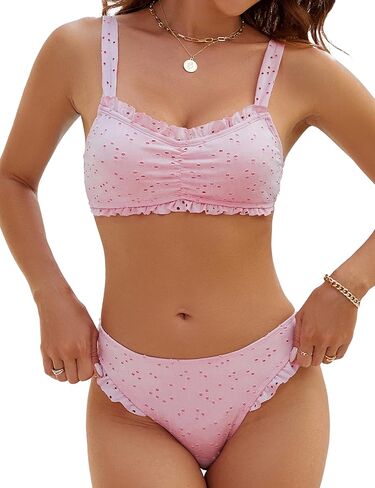 Blooming Jelly Bikini Sets for Women Ruched Bandeau Ruffle High Cut Eyelet Swimsuit 2 Piece Adjustable Strap Bathing Suits in Kuwait