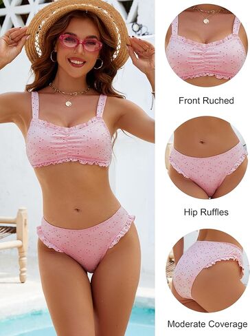 Blooming Jelly Bikini Sets for Women Ruched Bandeau Ruffle High Cut Eyelet Swimsuit 2 Piece Adjustable Strap Bathing Suits in Kuwait