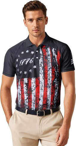 RAISEVERN Mens American Flag Print Golf Polo Shirt Patriotic Raglan Sleeve Tees in Saudi Arabia
