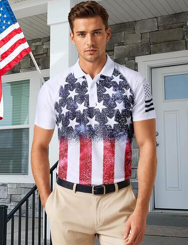 RAISEVERN Mens American Flag Print Golf Polo Shirt Patriotic Raglan Sleeve Tees in Saudi Arabia