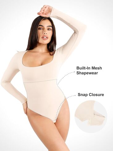Popilush Long Sleeve Shapewear Bodysuit- Thong Bodysuit Tank Top Body Shaper Tummy Control Body Suit in Saudi Arabia