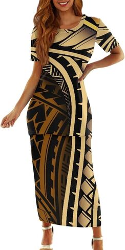 Puletasi Samoan Traditional Maxi Skirt Sets Polynesian Tribal Tapa Totem Women Island Short Sleeves Set Maxi Dress in Saudi Arabia