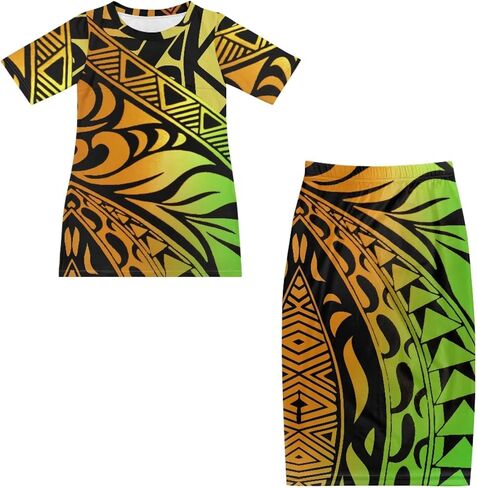 Puletasi Samoan Traditional Maxi Skirt Sets Polynesian Tribal Tapa Totem Women Island Short Sleeves Set Maxi Dress in Saudi Arabia