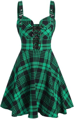 DRESSFO Women's Gothic Dress Plaid Print Lace-up Front Buckle Strap Dress Retro Empire Waist Dress Vintage 1950s Dresses in Kuwait