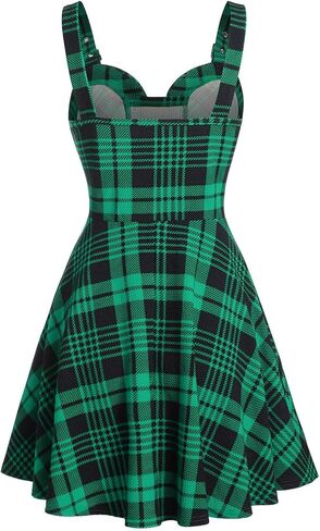 DRESSFO Women's Gothic Dress Plaid Print Lace-up Front Buckle Strap Dress Retro Empire Waist Dress Vintage 1950s Dresses in Kuwait