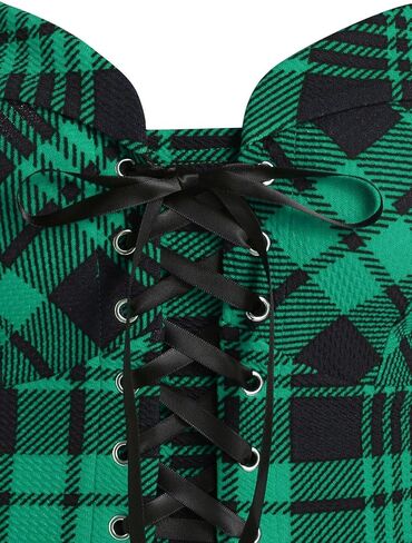 DRESSFO Women's Gothic Dress Plaid Print Lace-up Front Buckle Strap Dress Retro Empire Waist Dress Vintage 1950s Dresses in Kuwait