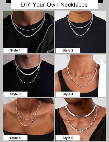 قلادة سلسلة فضي لولياس للرجال - 6pcs الصلب غير القابل للصدأ رابط/حبل/مربع/فيجارو/هرنجبون/سلسلة قلادة مكدسة من سلسلة القمح 16/18/20/22/24 بوصة in Saudi Arabia