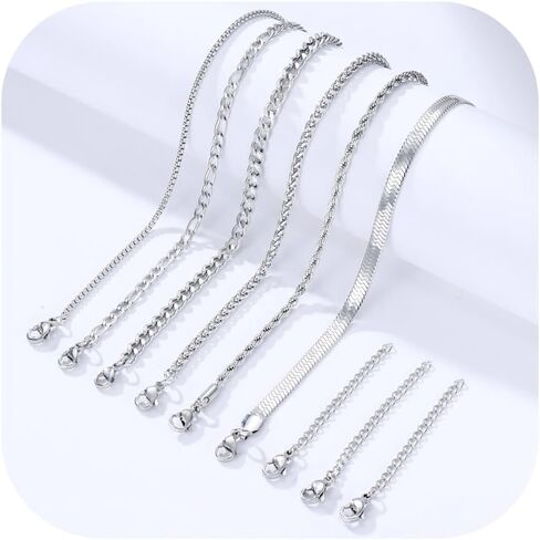 قلادة سلسلة فضي لولياس للرجال - 6pcs الصلب غير القابل للصدأ رابط/حبل/مربع/فيجارو/هرنجبون/سلسلة قلادة مكدسة من سلسلة القمح 16/18/20/22/24 بوصة in Saudi Arabia