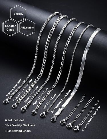 قلادة سلسلة فضي لولياس للرجال - 6pcs الصلب غير القابل للصدأ رابط/حبل/مربع/فيجارو/هرنجبون/سلسلة قلادة مكدسة من سلسلة القمح 16/18/20/22/24 بوصة in Saudi Arabia