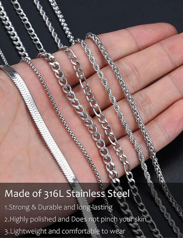 قلادة سلسلة فضي لولياس للرجال - 6pcs الصلب غير القابل للصدأ رابط/حبل/مربع/فيجارو/هرنجبون/سلسلة قلادة مكدسة من سلسلة القمح 16/18/20/22/24 بوصة in Saudi Arabia