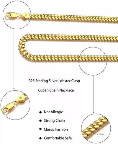 الذهب الإيطالي الصلب 18K على 925 قلادة سلسلة الفضة الاسترليني - سلسلة رابط الكوبي الماس 4 مم للنساء والرجال in Kuwait