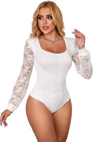 Women's Plus Size Bodysuits Long Sleeve Square Neck Bodysuit Lace Floral Top Breathable Sheer Leotard S-2XL in Kuwait