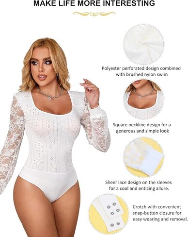 Women's Plus Size Bodysuits Long Sleeve Square Neck Bodysuit Lace Floral Top Breathable Sheer Leotard S-2XL in Kuwait