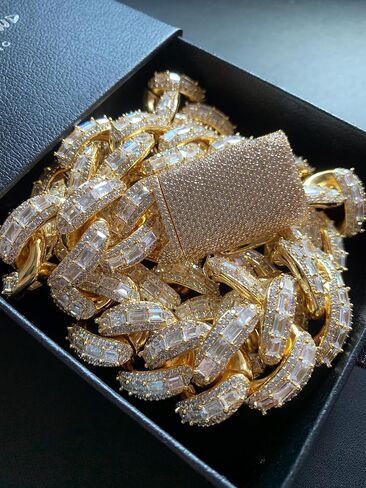 ICEDIAMOND 18K 25MM Luxury Brilliant Baguette CZ Diamond Bubble Cuban Chain Necklace, Gold Plated Iced Out Micro Pave 5A Zirconia Hip Hop Jewelry for Men in Saudi Arabia