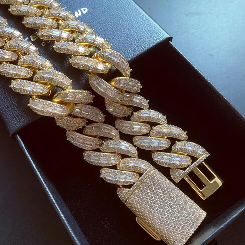 ICEDIAMOND 18K 25MM Luxury Brilliant Baguette CZ Diamond Bubble Cuban Chain Necklace, Gold Plated Iced Out Micro Pave 5A Zirconia Hip Hop Jewelry for Men in Saudi Arabia