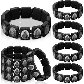 12 Pcs Devotional Catholic Religious Wood Stretch Bracelets Wooden Jesus Virgin Mary Bracelets with Images of Christian Saints Rosary Religious Saints Jesus Gift for Women Men