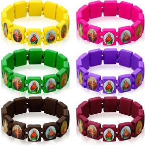 Wood Catholic Bracelets for Women Men Elastic Religious Bracelets with Images Christian Saints Rosary Wristbands Jesus and Rosary Decor for Guest Jesus Baptism First Communion Gift
