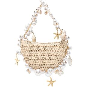 Women Straw Beach Bag with Shells and Pearls,Handmade Half Moon Design Purse, Small Tote Bag for Beach Party