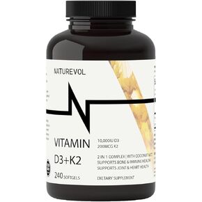 Vitamin D & K Complex with Coconut MCT Oil | D3 10000 IU Plus K2 (MK-7) 200 mcg for Healthy Muscle Function & Immune Support | Easy to Swallow | Soy & Gluten Free - Mini Softgels (240 Servings)