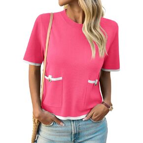 Saodimallsu Womens Short Sleeve Sweater Color Block Crew Neck Summer Crop Tops Loose Casual Knit Shirts with Pockets
