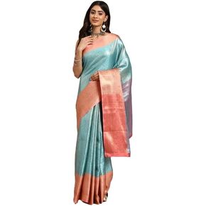 Women's Tissue Silver Zari Saree with Blouse Piece(Teal)